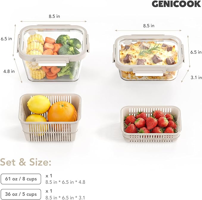 Glass Fruit Storage Containers for Fridge, 2 Pack Produce Containers with Removable Colanders & Vent Glass Lids, Airtight Fruit & Vegetable Storage, BPA Free Borosilicate Glass