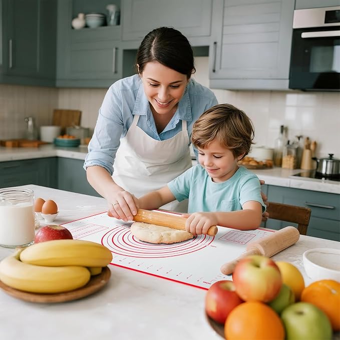 Silicone Baking Mat Dough Mat Non-Slip and Reusable Red | 0.7mm NewUpgraded Mat for Rolling Out Dough, Non Stick Silicone Mats with Measurements for Cookies, Macaroon, Bread, Pastry