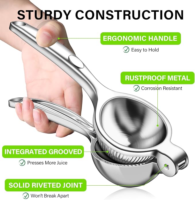 Vakoo Lemon Squeezer - Heavy-Duty, Rust-Resistant Metal Manual Citrus Juicer for Lemon & Lime, Effortless Press - Silver