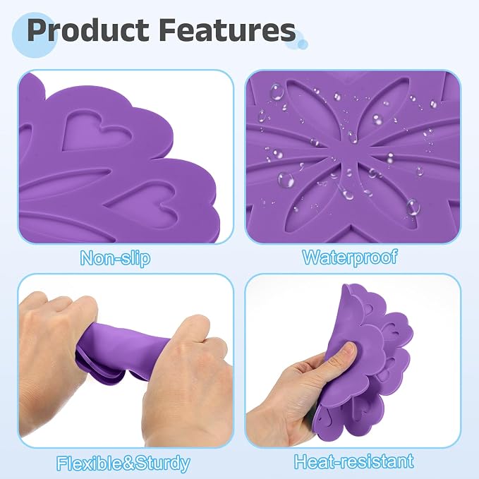uxcell 2Pcs Silicone Trivet Mats, Flower Pattern Silicone Pad Hot Pad Pan Protectors Table Protector Heat Resistant Mat for Countertop, Hot Dishes, Hot Pots and Pans, Purple