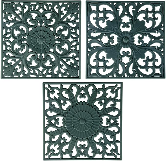 Silicone Trivets Mats for Hot Pots and Pans, Square Non Slip Mat for Table or Counter, Multi-Use Carved Hot Pads and Mats, Flexible Modern Pad Heat Resistant Big Teapot Coaster Set of 3 Green