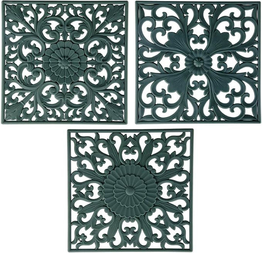 Silicone Trivets Mats for Hot Pots and Pans, Square Non Slip Mat for Table or Counter, Multi-Use Carved Hot Pads and Mats, Flexible Modern Pad Heat Resistant Big Teapot Coaster Set of 3 Green