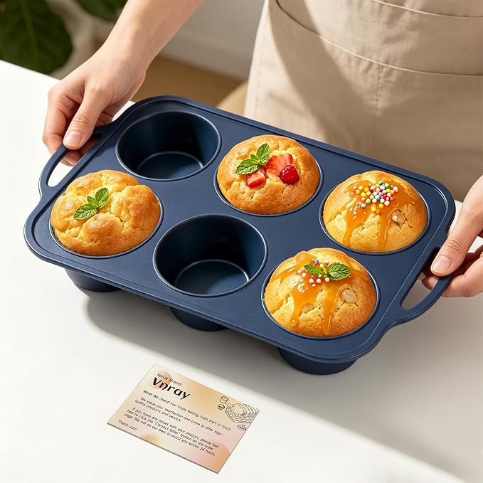 Jumbo Silicone Muffin Pan with Frame, Non Stick Large Cupcake Baking Tin | Silicone Cupcake Pan with Handles 6 Cup, BPA Free Silicon Muffin Tin Tray Extra Large for Baking Egg Bites Mold Vnray Grey