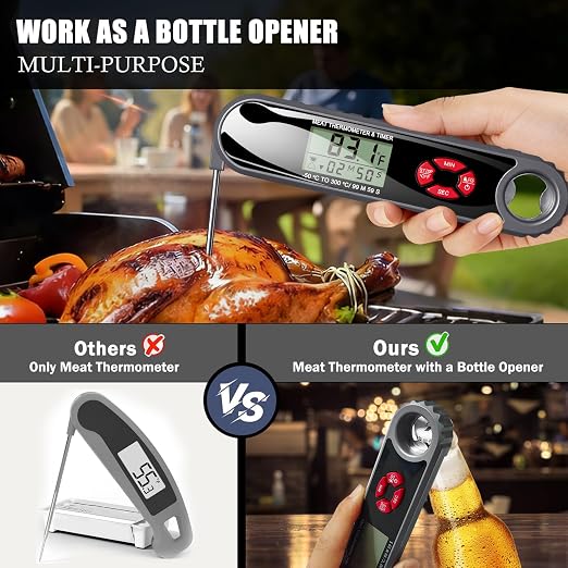 3 in 1 Meat Thermometer Digital with Beer Bottle Opener, Built-in a Kitchen Timer. Waterproof, Large Backlit Screen, Perfect Kitchen Accessories,BBQ Grill Cooking Gifts for Men,Fathers Day Gift