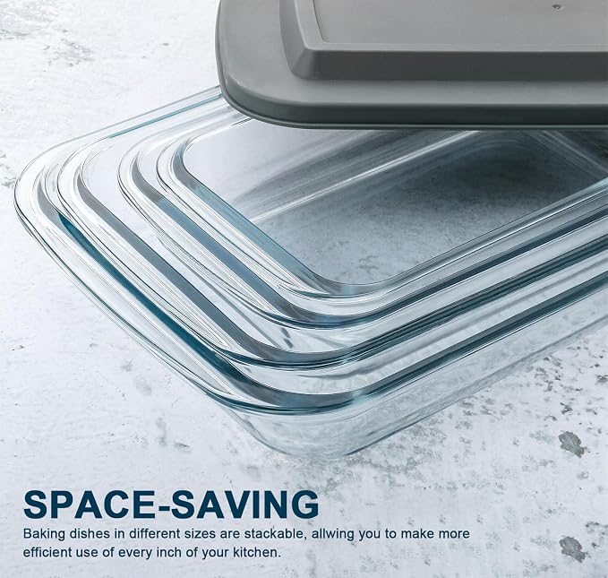 M MCIRCO 8 Piece Deep Glass Baking Dish with Lids, BPA free,Gray | Rectangular Glass Bakeware Set, Baking Pans for Lasagna, Casserole Dishes, Microwave, Oven, Freezer, Dishwasher