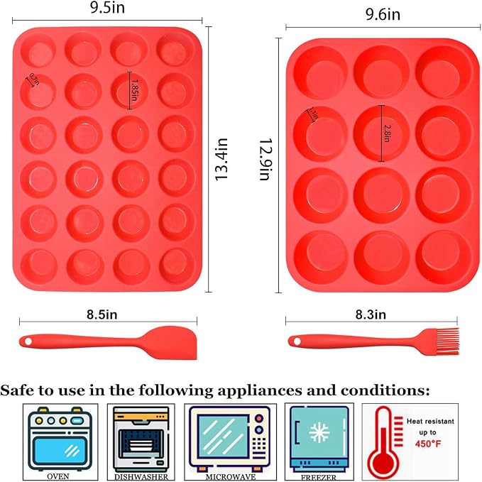 Silicone Muffin Pan Cupcake Set, Non-Stick Regular 12 Cups and Mini 24 Cups,Silicone Baking Molds,BPA Free Muffin Tin with 1 Silicone Spatula & 1 Oil Brush (Red) | Silicone Baking Molds ,BPA Free Muffin Tin with 1 Spatula & 1 Oil Brush，BPA-Free, Dishwa...