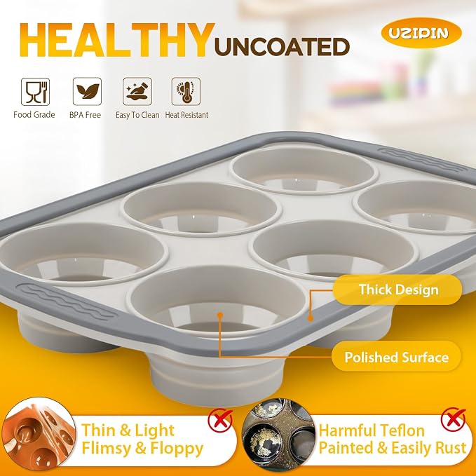 Silicone Muffin Pan, 6 Cups Non-Stick Cupcake Pan, Food-Grade BPA-Free Muffin Tin, Oven-Safe 450 °F, Reinforced Steel Frame, Easy-Grab Handles, Quick-Release 2.7" Baking Molds for Mini Treats