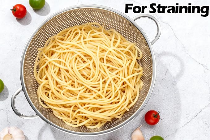 Leonyo Stainless Steel Colander Strainer for Kitchen Set of 3(1-3-5Quart) | Micro-Perforated Metal Strainers and Colanders with Handle for Kitchen Draining Pasta Rinsing,Steaming,Dishwasher Safe