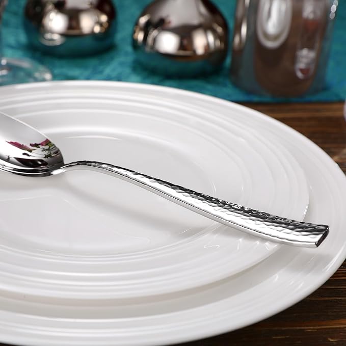 KEAWELL Premium Louis Hammered Table Utensils, 18/10 Stainless Steel, Squared Edge, Mirror Finish, Dishwasher Safe (Serving Spoons, Set of 2)