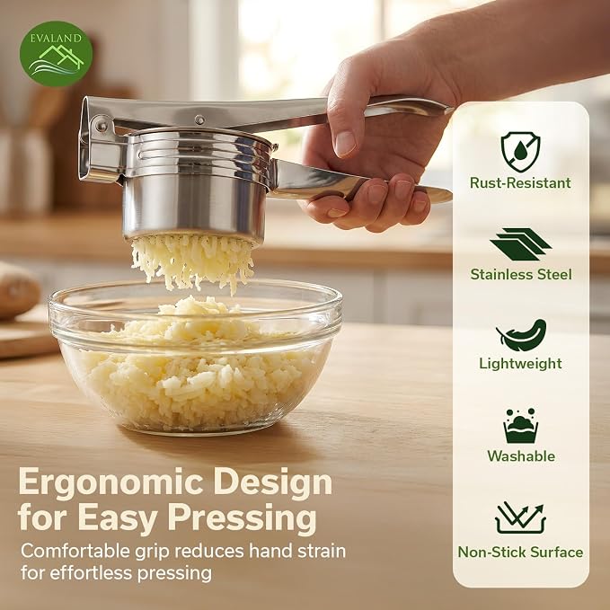 EVALAND Stainless Steel Potato Ricer and Masher - With 3 Interchangeable Disks, 15oz Heady Duty Ergonomic Potato Ricer For Mashed Potatoes Tool, Mash Potatoes Masher, Dishwasher Safe Spaetzle Maker