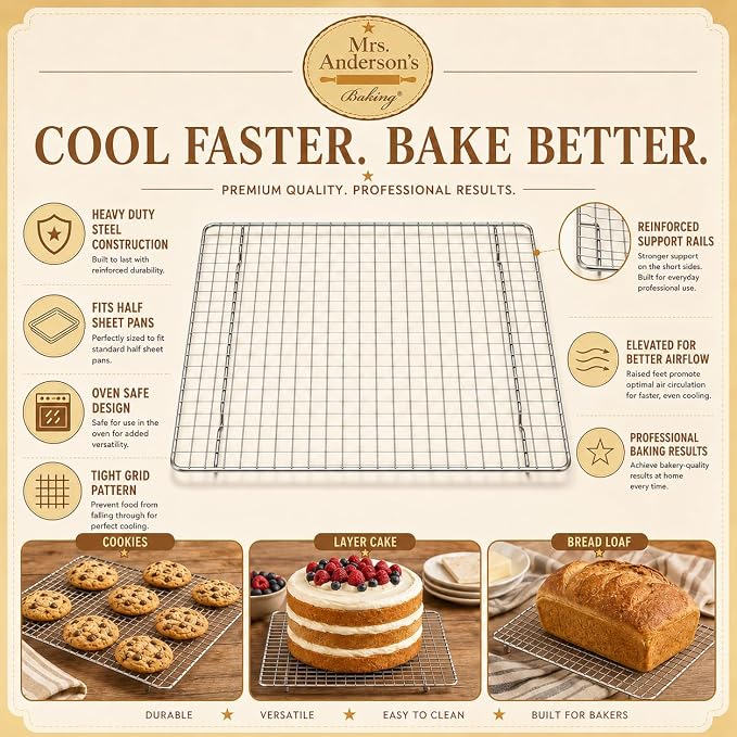Mrs. Anderson’s Baking Professional Half Sheet Baking and Cooling Rack, 16.5 x 11.75-Inches, Set of 2