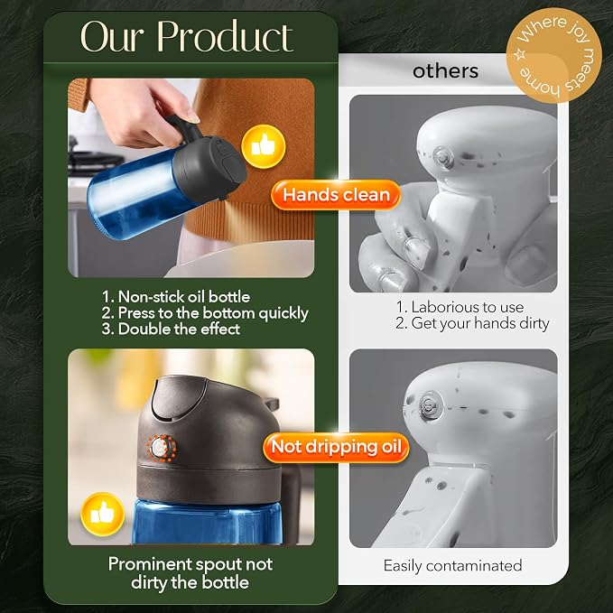 YARRAMATE 16oz/470ml Light-Blocking Dark Oil Sprayer for Cooking (Black) | 2 in 1 Olive Oil Dispenser Bottle for Kitchen, Premium Blue Glass Oil Bottle, Food-Grade Oil Mister for Air Fryer, BBQ
