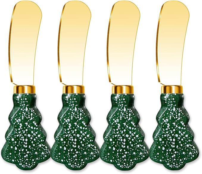 Christmas Tree Spreader Knife Set, Gold Stainless Steel Butter Knives, Holiday Serving Utensils for Cheese Jam, Gift for Home Bakers, 4-Piece
