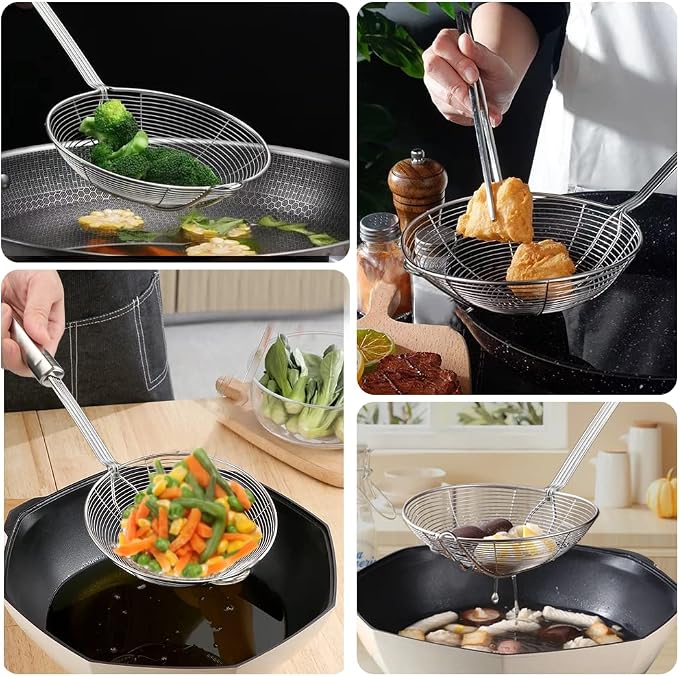 Steel Spider Strainer Skimmer Ladle, Strainer Spider Skimmers for Kitchen Cooking and Frying, Premium Strainer Spoon Diameter: 5.4Inch, Total Length: 15.4Inch