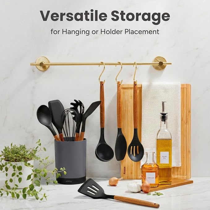SMIRLY Kitchen Utensils Set – 22-Piece Silicone Cooking Utensils Set, Spatula Set with Holder, Wooden Handle Silicone Kitchen Gadgets for Nonstick Cookware