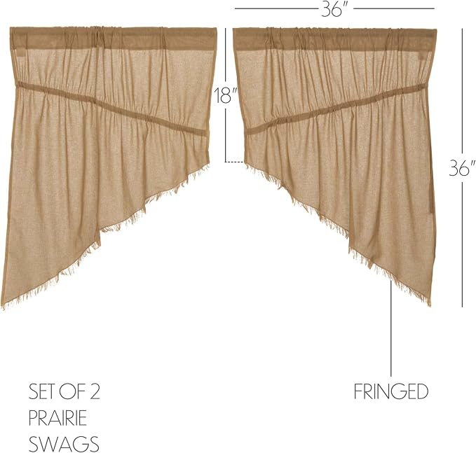 VHC Brands Primitive Farmhouse Kitchen Window Curtains-Tobacco Cloth Tan Fringed Prairie Swag Pair, x King, Khaki