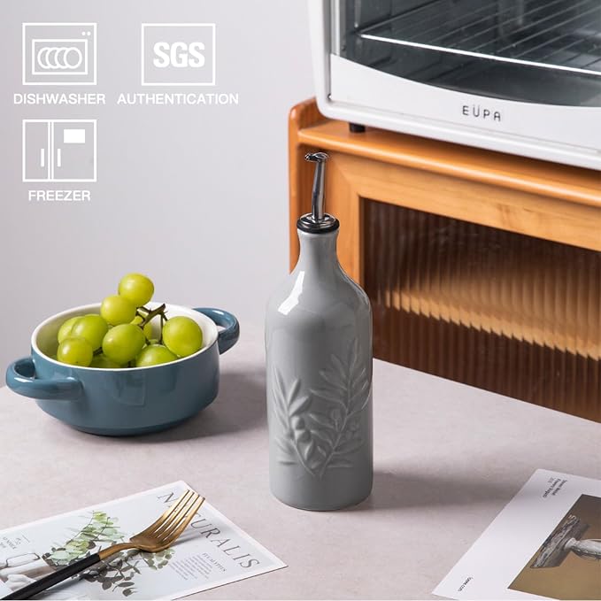 Sweejar Ceramic Olive Oil Dispenser Bottle, 20 Oz Relief Opaque Oil Cruet Protects Oil To Reduce Oxidation, Suitable for Storage Vinegar, Soy Sauce, Coffee Syrup, Liquids, Set of 1 (Dark Gray)