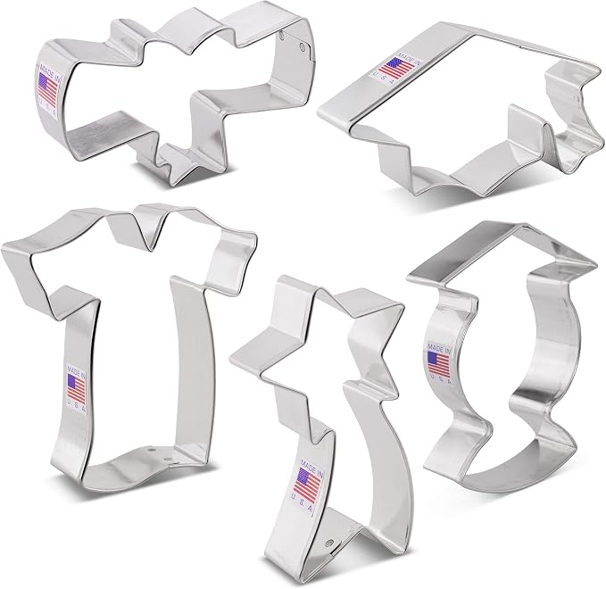 Ann Clark Graduation Cookie Cutters 5-Pc. Set Made in the USA, Graduation Cap, Gown, Diploma, Graduate, Shooting Star