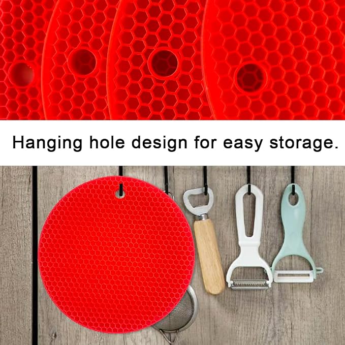 7-Inch Round Trivet Mats - 4 Pack Silicone Hot Pads, Non-Slip Heat Resistant, Dishwasher Safe, Ideal as Round Dab Mat (red)