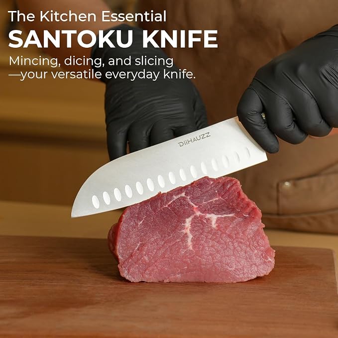 DiiHAUZZ Chef Knife, 7 Inch Ultra Sharp Japanese Santoku Knife, High Carbon Steel Forged Professional Kitchen Knife with Full Tang Triple-Riveted Ergonomic Handle for Slicing, Chopping, Dicing