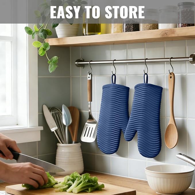 YUTAT Silicone Oven Mitts,Heat Resistant Oven Gloves with Soft Polyester Filling,Perfect for Baking and Cooking,Blue,2 Pcs Set