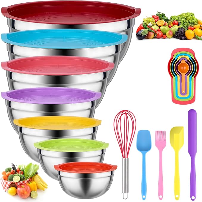 Leidawn Mixing Bowls with Lids Set, 25 PCS Colorful Mixing Bowl for Kitchen | Stainless Steel Nesting Bowls for Baking, Mixing, Serving & Prepping, Size 5, 3.7, 2.8, 2.3, 1.7, 1.1, 0.7QT, 11 Utensils