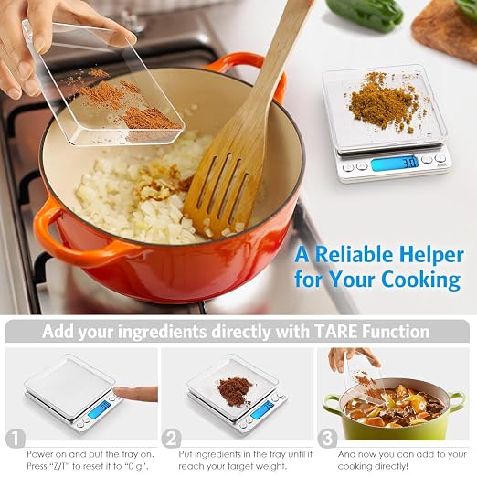 AMIR Digital Kitchen Scale, 3000g 0.01oz/ 0.1g Pocket Coffee Scale, Mini Food Scale, Pro Electronic Jewelry Scale with Back-Lit LCD Display, Tare & PCS Functions, Stainless Steel, Batteries Included