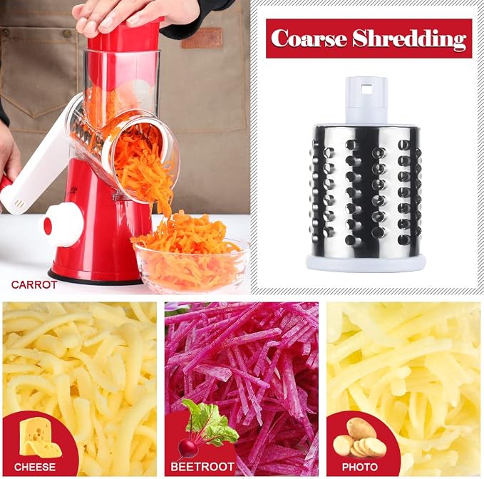 Ourokhome Rotary Cheese Grater Hand Crank, Kitchen Shredder Speed Mandolin Slicer Nut Grinder with Handle and Drum Blades for Cheese, Vegetable, Walnut, Chocolate, Potato, Carrot, 3 Blades, Red