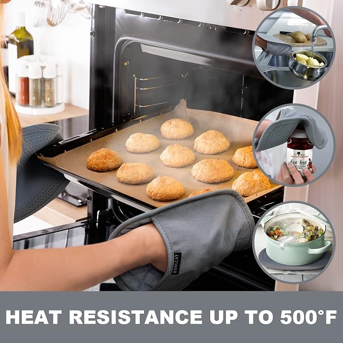 RORECAY 2-Pack Silicone Pot Holders for Kitchen, Hot Pads with Pocket, Gray | Heat Resistant up to 500°F, Quilted Cotton Potholders, Non-Slip & Waterproof Trivets for Hot Pots, Pans, and Countertops