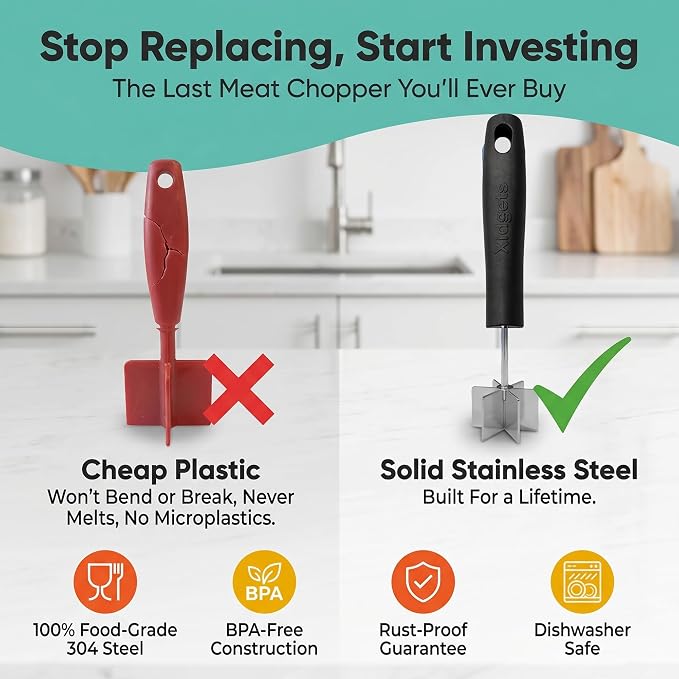 Large Stainless Steel Meat Chopper, Masher & Cocktail Muddler | Dishwasher Safe | 6-Blade Chopper Tool | Oversized Ergonomic Handle | Heat Resistant Grip (Black 10")