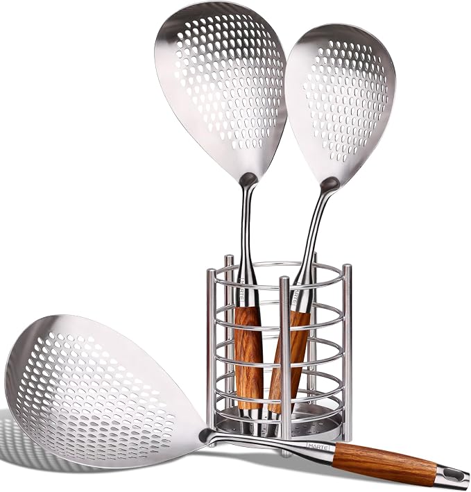 MARTE Skimmer Slotted Spoon Set of 4 - Kitchen Pasta Strainer Spoon - Spider Strainer Skimmer Ladle Spoon with Holder for Cooking and Frying Food, Spaghetti, Vegetable, Dumpling - 14.8In,16.5In,17In