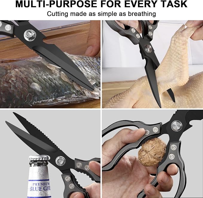 CGBE Kitchen Scissors, Multi-Purpose Kitchen Shears, Heavy Duty Dishwasher Safe Food Scissors for Chicken, Poultry, Fish, Meat & Herbs with Non-Slip Grips - ALL Black