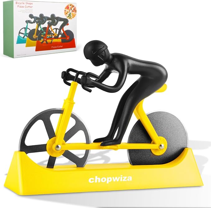 Bike Pizza Cutter,Bicycle Pizza Slicer,Stainless Steel Pizza Cutter Wheels with Stand,Unique Kitchen Gadget,Gifts for Cyclists Men,Cool Men’s Gift