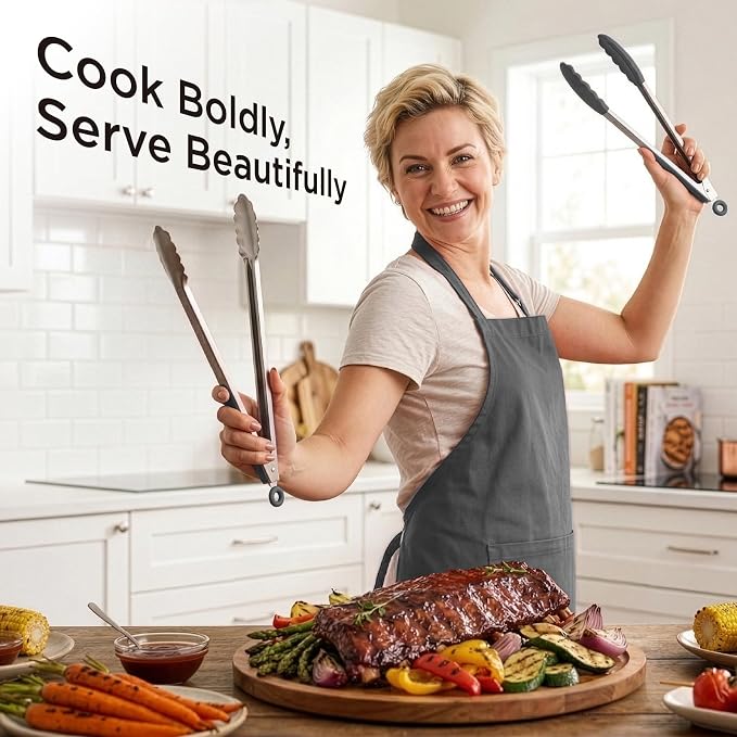 Kitchen Mama DuoEssentials Cooking Tongs Set, Metal Gray | 12" Silicone Tip & 14" Stainless Steel, BBQ Grill Tongs, Locking Ring, Heat Resistant, Non Stick & Dishwasher Safe