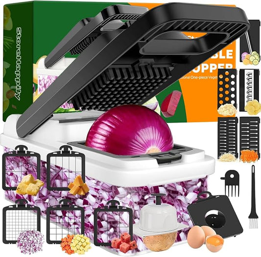 StoreHappily 12-in-1 Vegetable Chopper, 10 Blades Veggie Chopper with Container and Lid, Dicer, Slicer, Multifunctional Kitchen Gadgets, Vegetable Cutter with Handle, Onion Cutter(Black/White)