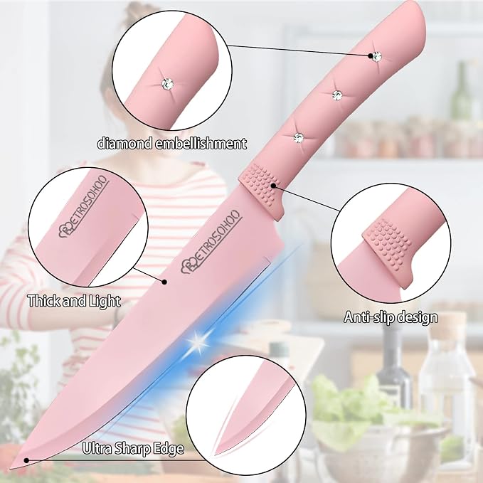 Kitchen Knife Set, Retrosohoo Pink Flower 6PC Stainless Steel Sharp Chef Cooking Non-slip Knife Set with Acrylic Stand & Block, Non-stick Colorful Coating Gift for Women Girls (Pink)