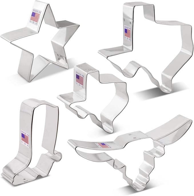 Ann Clark 5-Pc. Texas Cookie Cutter Set, Made in USA, Large & Small Texas State, Longhorn, Cowboy Boot & Pointy Star