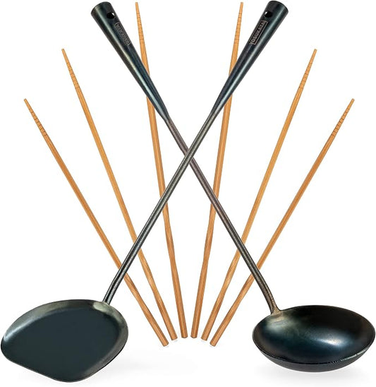 YOSUKATA Pre-Seasoned Wok Utensils Set - Blue Carbon Steel 17-inch Wok Spatula, Wok Ladle, 3 pairs Chopsticks - Durable Asian Cooking Tools