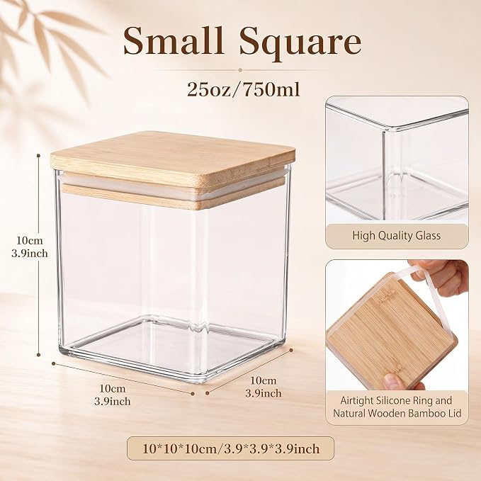 12 Pcs 25oz Plastic Square Pantry Storage Container with Bamboo Lid | Food Storage Containers with Airtight Lids, Fit Serving Tea Sugar Cookies Storing Oats Coffee Bean Nuts Spices