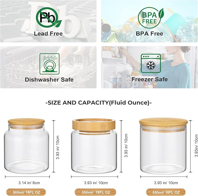 1PC Small Glass Storage Jars with Airtight Lids, 18 fl oz (550ml) Cute Clear Glass Storage container with bamboo Lid, Glass Pantry Canister for Beans, Rice, Sugar, Cookie Coffee and etc