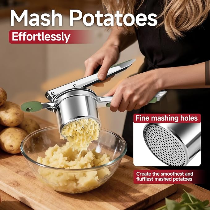 Potato Ricer for Mashed Potatoes-Stainless Steel 15oz | Large Capacity,All Clad,Heavy Duty,Ergonomic Handle for Spaetzle,Oranges, Lemons, Pumpkins, Carrots, Avocados(GREEN)