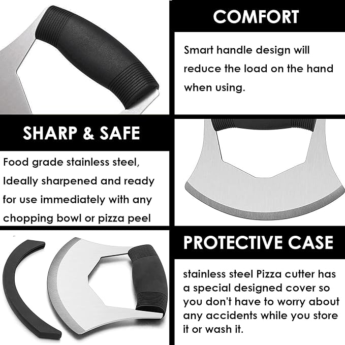 KAYCROWN Mezzaluna Knife Pizza Cutter Salad Chopper - Stainless Steel Sharp Rocker Ulu Knife with Protective Cover for Cutter Pizza, Meat, Vegetables, Herbs, Salad