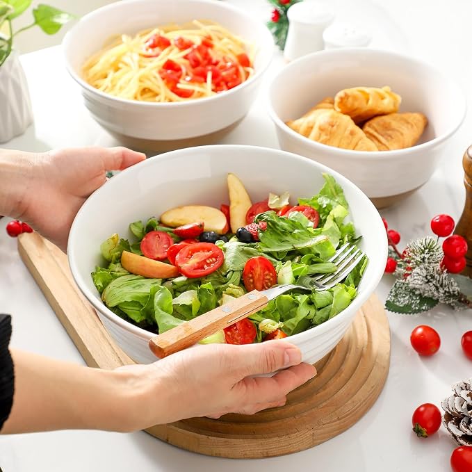 HASENSE Mixing Bowls, Large Ceramic Salad Bowls 2.1/1.5/1.0 Qt, Versatile Serving Bowls for Cooking, Baking, Salad Mixing, Prepping, Nesting White Bowl Set, Dishwasher Safe, Set of 3