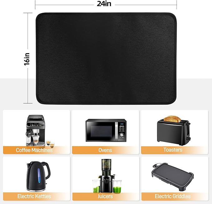 2 PCS Heat Resistant Mats for Countertop Air Fryer, 24x16in, Black | 1022 ℉ Fireproof mat, air fryer accessories for ninja, cosori, waterproof hot pads for kitchen toaster, oven, coffee maker