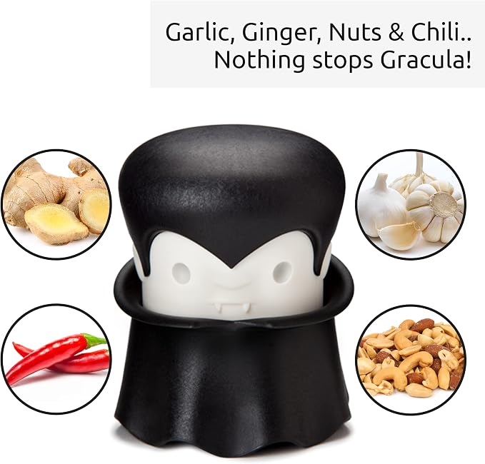 OTOTO Gracula Garlic Press, Garlic Crusher, Garlic Mincer, Also for Ginger, Nuts, Chili, Herbs - Twist Top Mincer & Easy Squeeze Manual Press Peeler, Goth Gifts