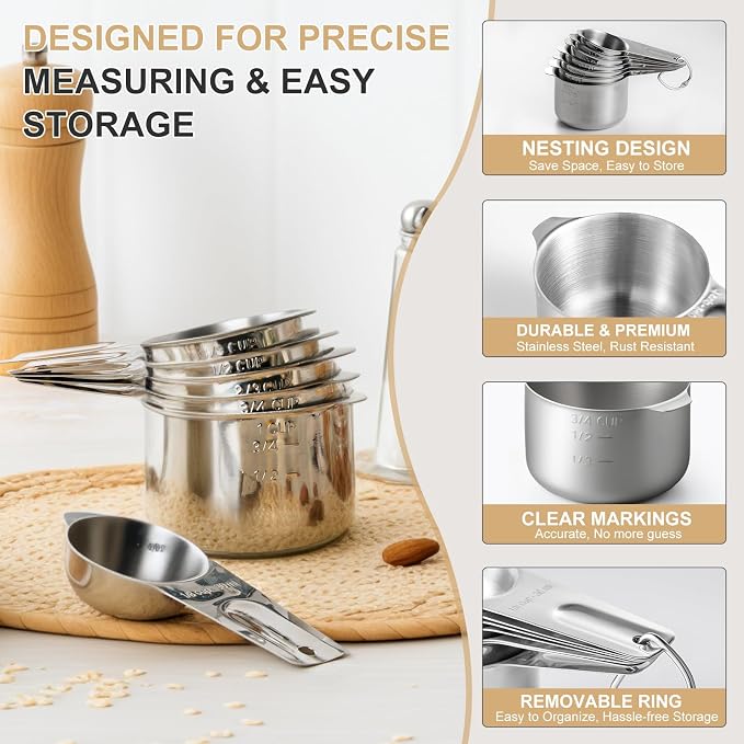 Stainless Steel Measuring Cups & Spoons Set, EWFEN Kitchen Tools Nesting Measuring Cups and Spoons, Fits in Spice Jars for Baking & Cooking, BPA Free, Set of 15 with Leveler, Black