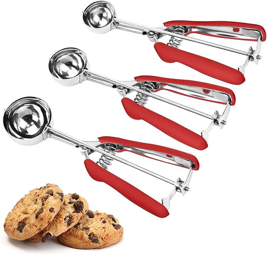 Cookie Scoop Set, 3Pcs Ice Cream Scoop, Cookie Scoops for Baking Set of 3, 18/8 Stainless Steel Cookie Scooper for Baking, Ice Cream Scooper with Trigger Release, Red Soft Grip Cookie Dough Scoop