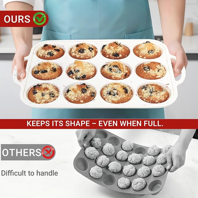Redfly Silicone Muffin Pans for Baking 12 Cup with Metal Reinforced Frame, Nonstick 2Pack Regular Size Cupcake Pan, BPA Free Food Grade, Easy Release, Dishwasher Oven Freezer Safe for Egg Bite Molds