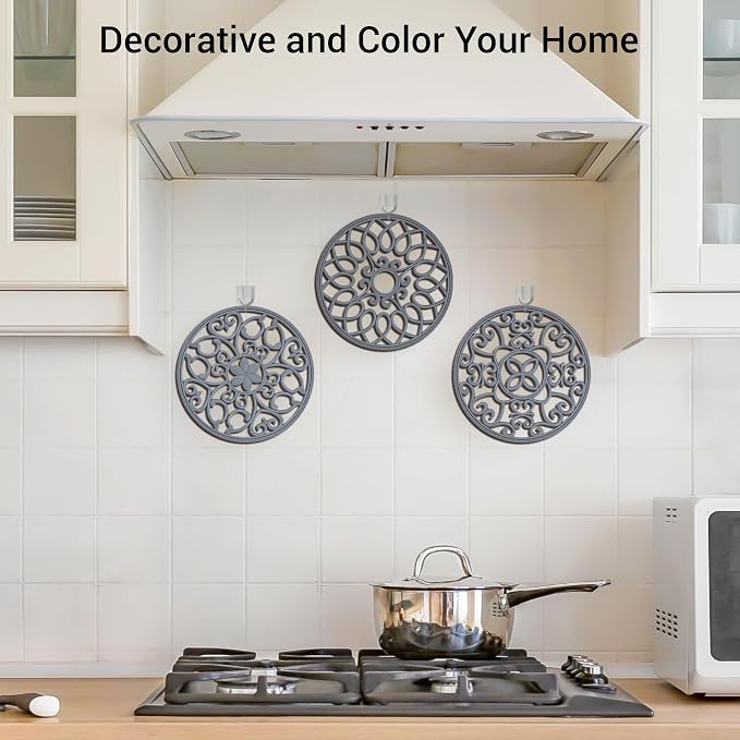 SMARTAKE 3 Set Silicone Trivet Mats for Hot Dishes, Heat Resistant Pots and Pans Holders, Non-Slip Flexible Hot Pads Coasters for Countertops Table, Modern Kitchen Decor Accessories (Grey)
