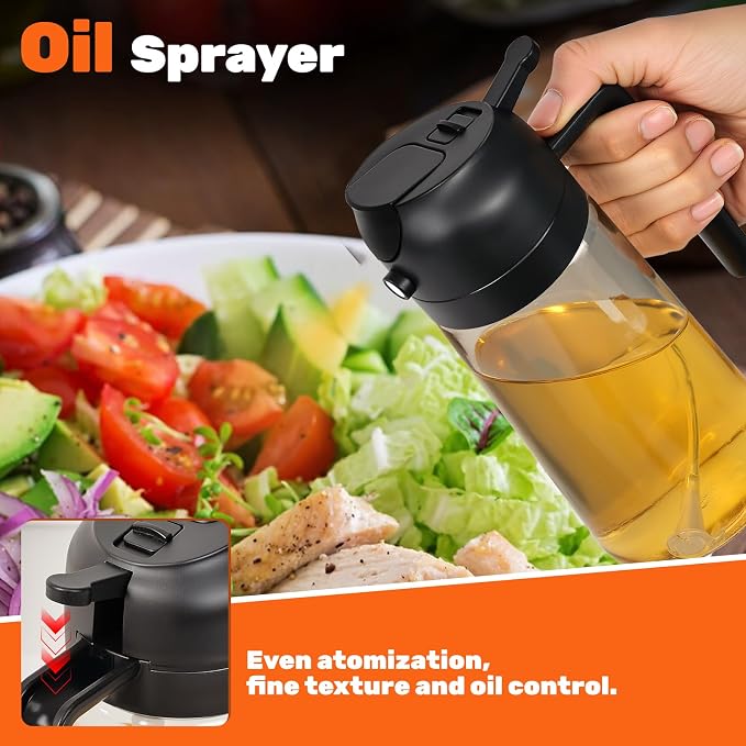 CJT 2 pcs 16oz/470ml Oil Sprayer for Cooking with labels, Food-grade Premium 2 in 1 Olive Oil Dispenser Bottle for Cooking,BBQ, Air Fryer,Salad,Baking(Green & Black)